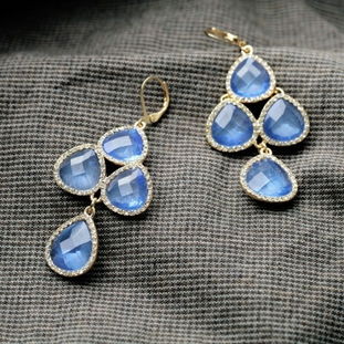 蓝色淡雅清新宝石女式耳环 欧美时尚饰品批发首选
